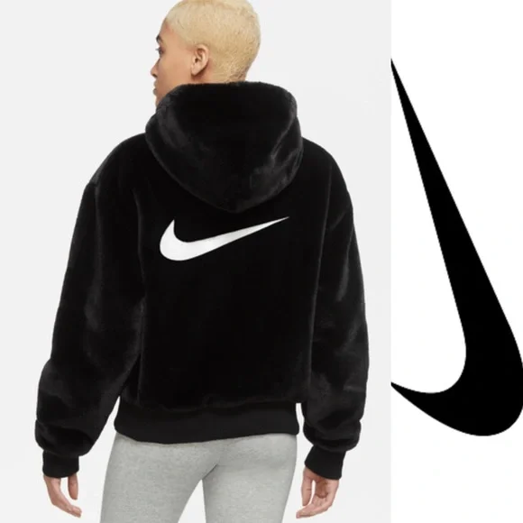 Nike Essential Faux Fur Black Hoodie Jacket*NWT - Picture 1 of 5